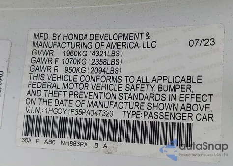2023 Honda Accord Ex z USA, uszkodzony, nr VIN 1HGCY1F35PA047320